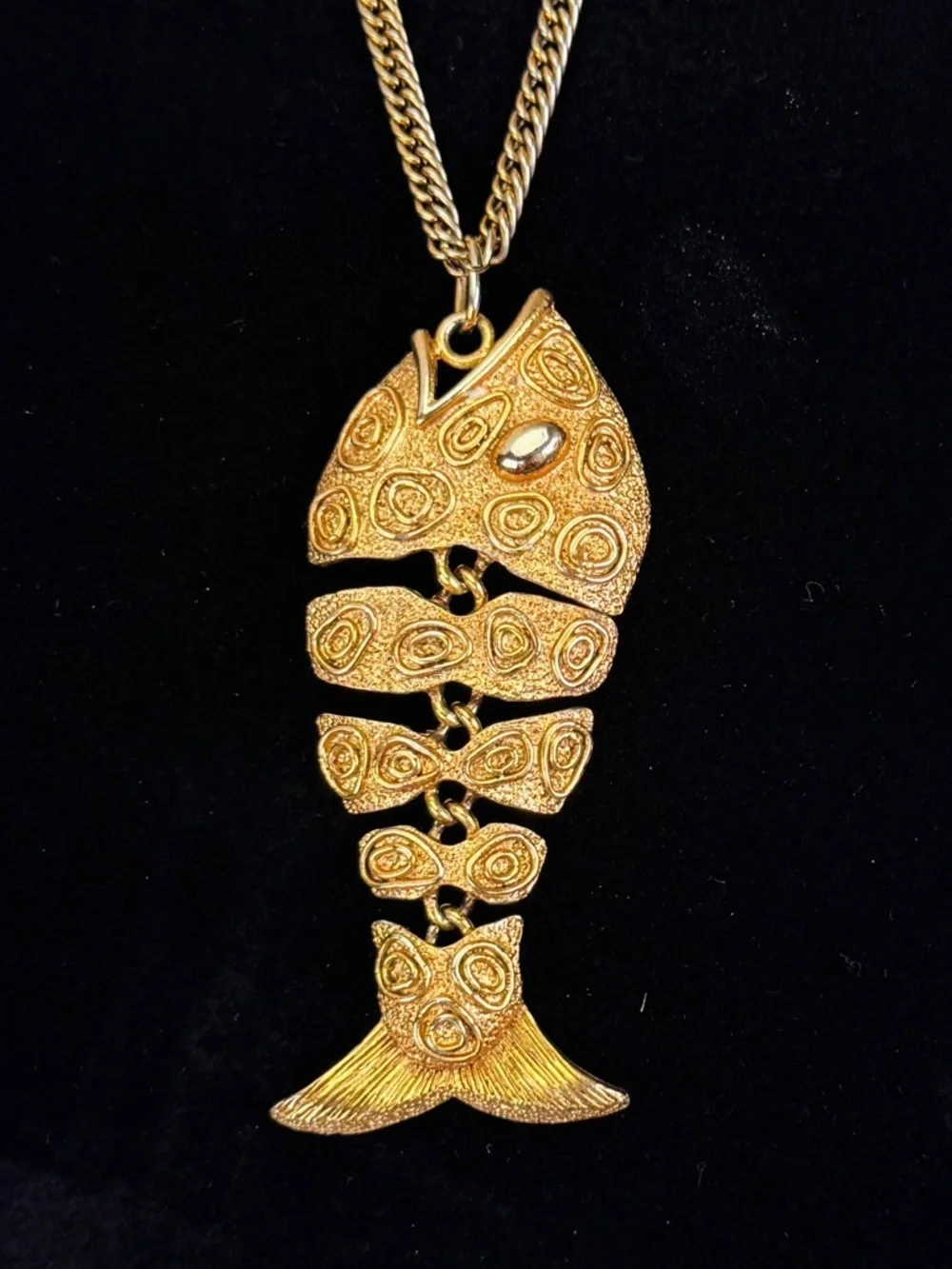 Vintage Articulated Fish Aged Goldtone Pendant Necklace • JJ Jonette Signed